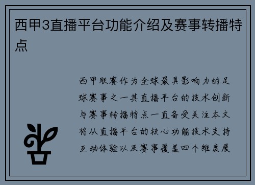 西甲3直播平台功能介绍及赛事转播特点